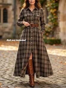 Linhara CURVE Autumn/Winter New Fashion Casual Elegant Commute Printed Lapel Slim Fit Plus Size Dress - Multicolor - View 5