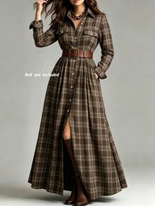 Linhara CURVE Autumn/Winter New Fashion Casual Elegant Commute Printed Lapel Slim Fit Plus Size Dress - Multicolor - View 4