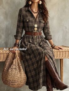 Linhara CURVE Autumn/Winter New Fashion Casual Elegant Commute Printed Lapel Slim Fit Plus Size Dress - Multicolor - View 3
