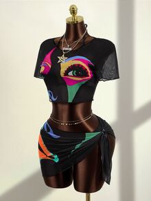 Zestiva 2026 New Vintage Face Print Sexy Mesh 4-Piece Bikini Set Rave - Black - View 5
