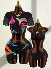 Zestiva 2026 New Vintage Face Print Sexy Mesh 4-Piece Bikini Set Rave - Black - View 1