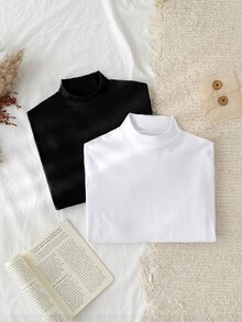 SHEIN CURVE+ 大尺碼女款 2 件套 高領修身長袖基礎 T 恤 秋冬款 黑白配色 正式休閒度假寬鬆風 - 黑與白 - 查看 5