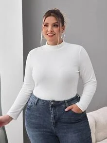 SHEIN CURVE+ 大尺碼女款 2 件套 高領修身長袖基礎 T 恤 秋冬款 黑白配色 正式休閒度假寬鬆風 - 黑與白 - 查看 2