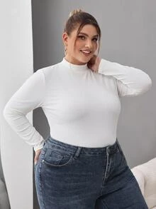 SHEIN CURVE+ 大尺碼女款 2 件套 高領修身長袖基礎 T 恤 秋冬款 黑白配色 正式休閒度假寬鬆風 - 黑與白 - 查看 10