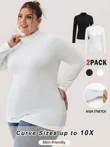 SHEIN CURVE+ 大尺碼女款 2 件套 高領修身長袖基礎 T 恤 秋冬款 黑白配色 正式休閒度假寬鬆風 - 黑與白 - 查看 14