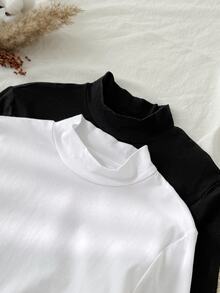 SHEIN CURVE+ 大尺碼女款 2 件套 高領修身長袖基礎 T 恤 秋冬款 黑白配色 正式休閒度假寬鬆風 - 黑與白 - 查看 4