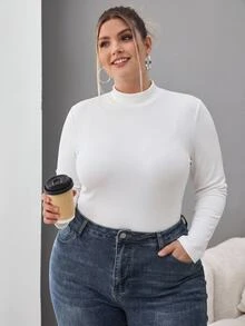 SHEIN CURVE+ 大尺碼女款 2 件套 高領修身長袖基礎 T 恤 秋冬款 黑白配色 正式休閒度假寬鬆風 - 黑與白 - 查看 3