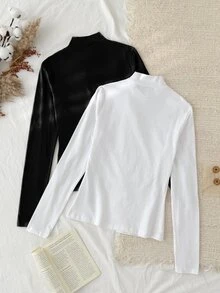 SHEIN CURVE+ 大尺碼女款 2 件套 高領修身長袖基礎 T 恤 秋冬款 黑白配色 正式休閒度假寬鬆風 - 黑與白 - 查看 12