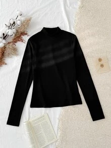 SHEIN CURVE+ 大尺碼女款 2 件套 高領修身長袖基礎 T 恤 秋冬款 黑白配色 正式休閒度假寬鬆風 - 黑與白 - 查看 9