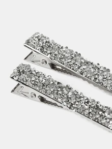 Aravennia 2pcs Multicolor Women's Glitter Rhinestone Decor One-Shaped Wide Hair Clip, Styling Tool For Elegant Hairdo Suitable For Daily - Silver - View 4
