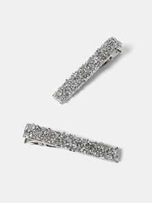 Aravennia 2pcs Multicolor Women's Glitter Rhinestone Decor One-Shaped Wide Hair Clip, Styling Tool For Elegant Hairdo Suitable For Daily - Silver - View 3