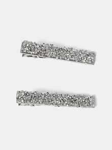 Aravennia 2pcs Multicolor Women's Glitter Rhinestone Decor One-Shaped Wide Hair Clip, Styling Tool For Elegant Hairdo Suitable For Daily - Silver - View 1
