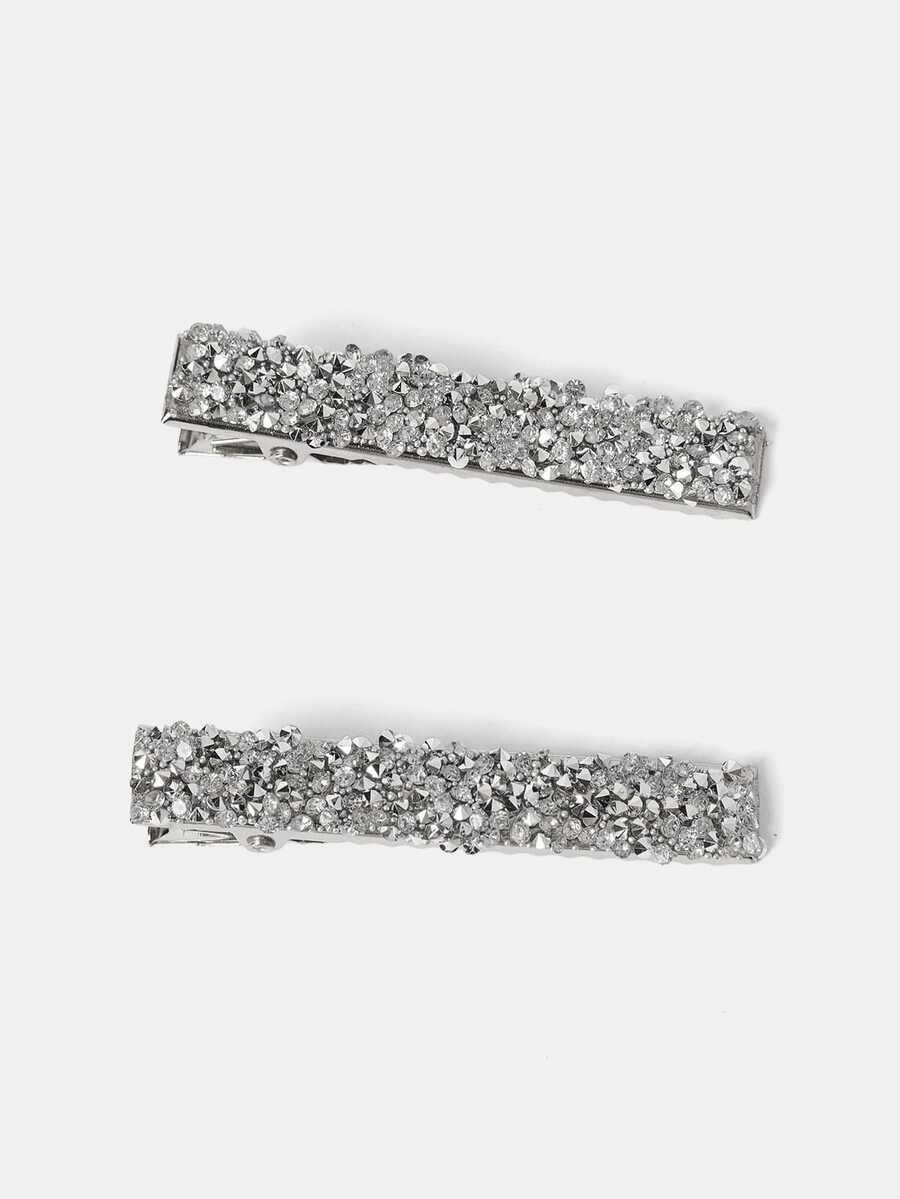 Aravennia 2pcs Multicolor Women's Glitter Rhinestone Decor One-Shaped Wide Hair Clip, Styling Tool For Elegant Hairdo Suitable For Daily - Silver - View 1