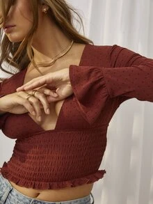 Aralina DEEP V-NECK LONG SLEEVE TOP WITH FLARE RUFFLE CUFF - Red - View 6