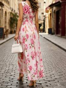 EMERY ROSE Elegant Urban Chic Summer Dress For Women,Pink Floral Peony Print Maxi Chiffon Dress,Wedding Ninang Asymmetric Hem Formal Event Graduation Party - Pink - View 2