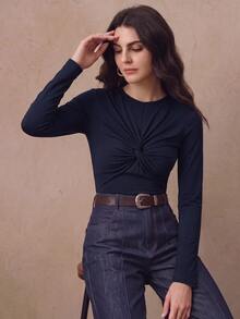 Anewsta New Women's Twisted Knot Distressed Knit T-Shirt Top, Suitable For Outings, Commuting And Daily Dates - Navy Blue - View 4