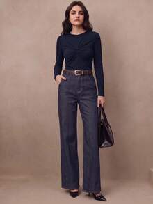 Anewsta New Women's Twisted Knot Distressed Knit T-Shirt Top, Suitable For Outings, Commuting And Daily Dates - Navy Blue - View 5