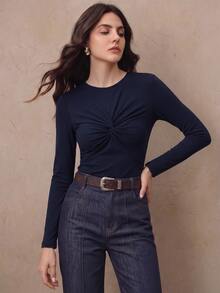 Anewsta New Women's Twisted Knot Distressed Knit T-Shirt Top, Suitable For Outings, Commuting And Daily Dates - Navy Blue - View 3