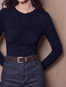 Anewsta New Women's Twisted Knot Distressed Knit T-Shirt Top, Suitable For Outings, Commuting And Daily Dates - Navy Blue - View 2