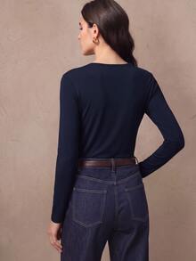 Anewsta New Women's Twisted Knot Distressed Knit T-Shirt Top, Suitable For Outings, Commuting And Daily Dates - Navy Blue - View 7