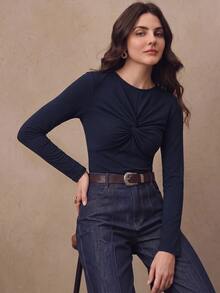 Anewsta New Women's Twisted Knot Distressed Knit T-Shirt Top, Suitable For Outings, Commuting And Daily Dates - Navy Blue - View 1