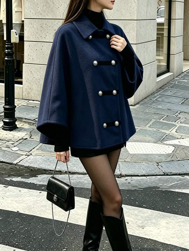 SHEIN PariChic 2026 New Camel Color Lapel Contrast Trim Double-Breasted Short Overcoat Women Autumn/Winter New Loose Commuter Double-Faced Wool Jacket - Navy Blue - View 3