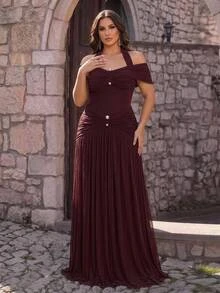Glamrae Plus Size Elegant Classy Rose Gold Cold Shoulder Ruched Pearl Button Fitted A-Line Dress Evening Party Dinner Heavy Embellished Gown Christmas Fall - Burgundy - View 7