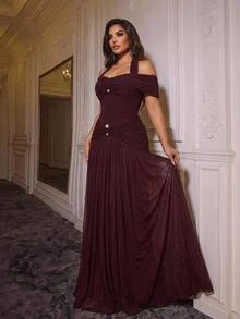 Glamrae Plus Size Elegant Classy Rose Gold Cold Shoulder Ruched Pearl Button Fitted A-Line Dress Evening Party Dinner Heavy Embellished Gown Christmas Fall - Burgundy - View 6