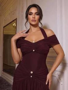 Glamrae Plus Size Elegant Classy Rose Gold Cold Shoulder Ruched Pearl Button Fitted A-Line Dress Evening Party Dinner Heavy Embellished Gown Christmas Fall - Burgundy - View 5