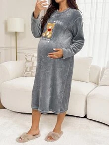 Slowluna Maternity Cartoon Bear Embroidered Round Neck Long Sleeve Casual Dress - Grey - View 3