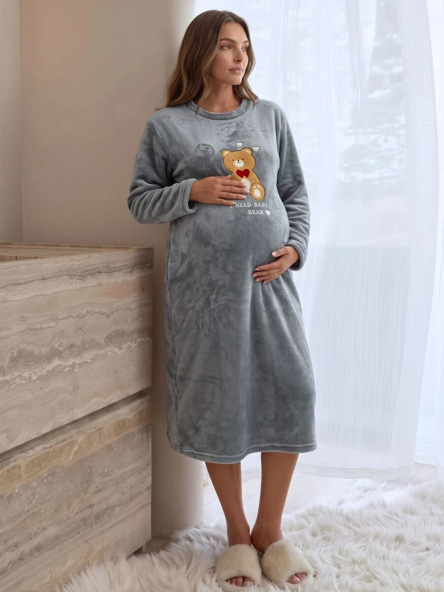 Slowluna Maternity Cartoon Bear Embroidered Round Neck Long Sleeve Casual Dress - Grey - View 1