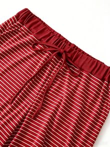 GlowEve CURVE Plus Size Knit Solid Color Cardigan With Front Button Closure, Striped Slim Fit Camisole Decor, Drawstring Detail, Elegant Casual Commute Daily Outing Long Pants - Burgundy - View 5