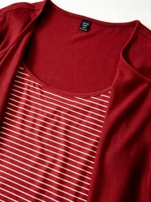 GlowEve CURVE Plus Size Knit Solid Color Cardigan With Front Button Closure, Striped Slim Fit Camisole Decor, Drawstring Detail, Elegant Casual Commute Daily Outing Long Pants - Burgundy - View 8