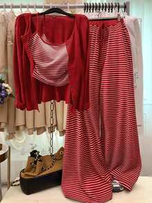GlowEve CURVE Plus Size Knit Solid Color Cardigan With Front Button Closure, Striped Slim Fit Camisole Decor, Drawstring Detail, Elegant Casual Commute Daily Outing Long Pants - Burgundy - View 1