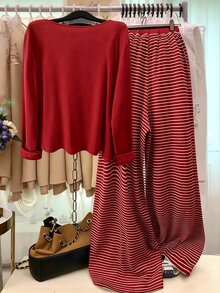GlowEve CURVE Plus Size Knit Solid Color Cardigan With Front Button Closure, Striped Slim Fit Camisole Decor, Drawstring Detail, Elegant Casual Commute Daily Outing Long Pants - Burgundy - View 2