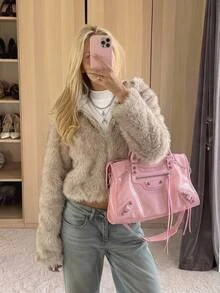 CovetEZ 女款時尚復古街頭風拉鍊長袖人造毛連帽外套 夜店外出穿著 淺灰色 冬季 - 白色 - 查看 4