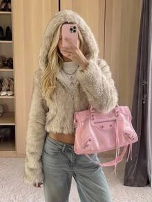 CovetEZ 女款時尚復古街頭風拉鍊長袖人造毛連帽外套 夜店外出穿著 淺灰色 冬季 - 白色 - 查看 2