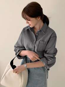 DAZY Light Wash Denim Shirt With Turndown Collar And Pockets, Loose Fit Long Sleeve, Spring/Summer/Autumn - Light Grey - View 3