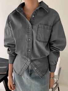 DAZY Light Wash Denim Shirt With Turndown Collar And Pockets, Loose Fit Long Sleeve, Spring/Summer/Autumn - Light Grey - View 5
