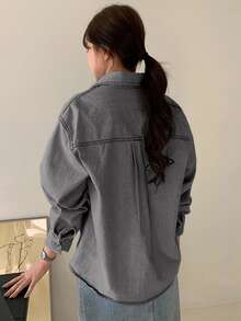 DAZY Light Wash Denim Shirt With Turndown Collar And Pockets, Loose Fit Long Sleeve, Spring/Summer/Autumn - Light Grey - View 2