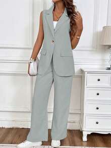 EMERY ROSE Women's Summer Casual Solid Color Vest And Long Pants Suit - Grey - View 1