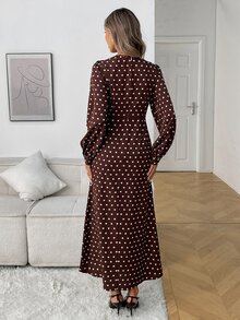 Elyressa Women's Woven Dotted Elegant Fall Long Dress - Coffee Brown - View 2