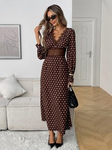 Elyressa Women's Woven Dotted Elegant Fall Long Dress - Coffee Brown - View 4