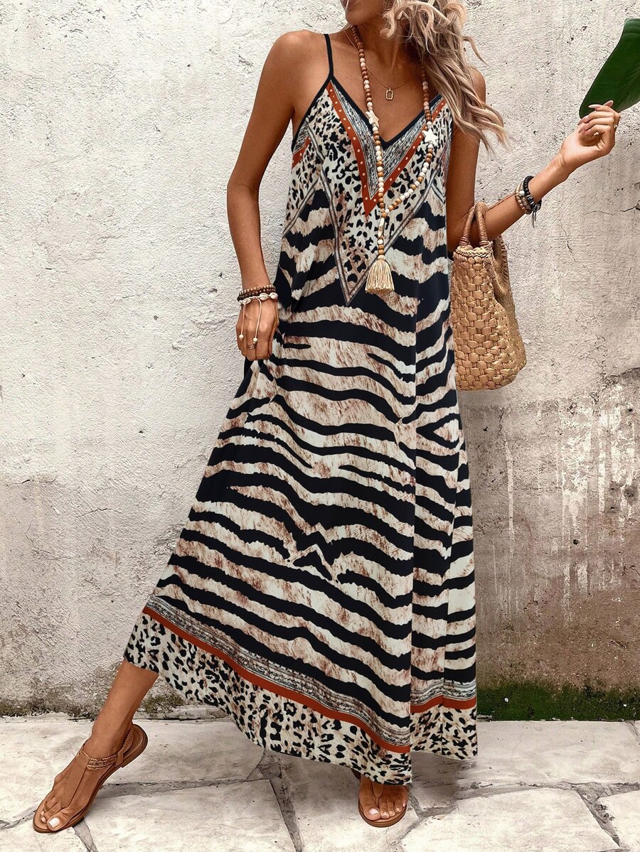 EMERY ROSE Women's Leopard Print Loose Maxi Slip Dress, Elegant For Daily Wear And Vacation, Summer - Multicolor - View 1