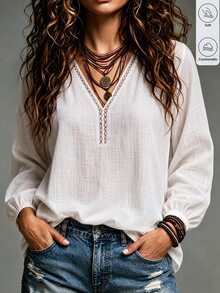 Zayélia 女款紋理布料上衣，純白色，鏤空V領，長袖泡泡袖彈性袖口，寬鬆版型，波希米亞優雅休閒上衣，適合早午餐、辦公室、秋季 - 白色 - 查看 9