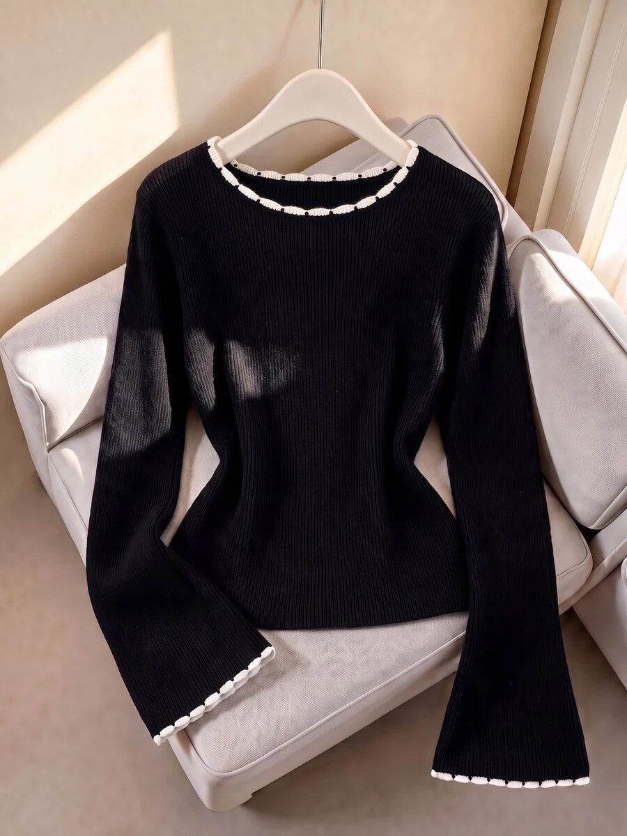 GlowEve CURVE Sweater Hitam Wanita Ukuran Besar, Atasan Lapisan Dasar Rajut Longgar Mode Baru Musim Dingin - Hitam dan Putih - View 1