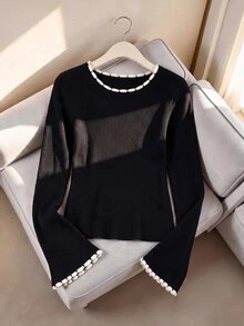 GlowEve CURVE Sweater Hitam Wanita Ukuran Besar, Atasan Lapisan Dasar Rajut Longgar Mode Baru Musim Dingin - Hitam dan Putih - View 4