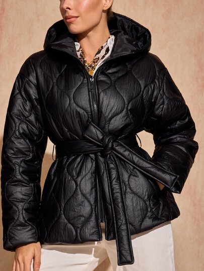 Bóhologie Women, Autumn, Winter, Regular Length, Long Sleeve, Quilted, Belted, Casual, Hood, Black Quilted Hooded Jacket, Belted Puffer Jacket, Hooded Belted Quilted Coat, Black Padded Coat With Belt, Women's Quilted Parka, Insulated Hooded Coat, Cinched Waist Puffer, Stylish Winter Jacket, Lightweight Warm Quilted Jacket, Wavy Quilting Pattern Coat, Textured Quilted Jacket, Statement Belted Outerwear, Water-Resistant Padded Coat, Versatile Urban Winter Jacket, Casual-Chic Quilted Jacket,