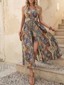 EMERY ROSE Mono con estilo de vacaciones para mujeres con diseño estampado paisley y cuello en V - Multicolor - Ver 3