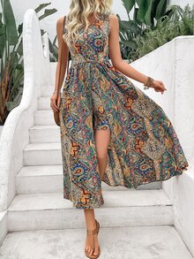EMERY ROSE Mono con estilo de vacaciones para mujeres con diseño estampado paisley y cuello en V - Multicolor - Ver 1